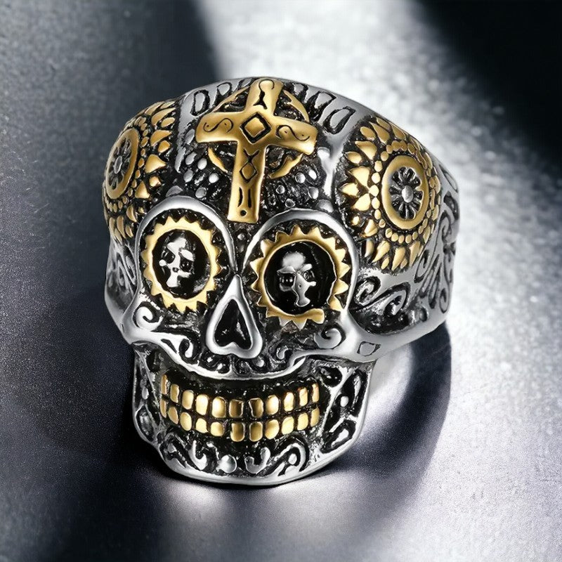 Gothic Day of the Death Skullring met goudkleurige accenten