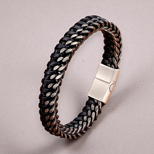 Stalen armband, deels verweven met leder